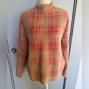 Tahari Tan Red Soft Turtleneck Plaid Sweater